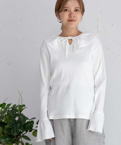 POU DOU DOU(プードゥドゥ)の「3wayラッフルカラートップス(Tシャツ/カットソー・レディース・ブラック/オフホワイト/ライトグレー・M)」の7枚目の写真