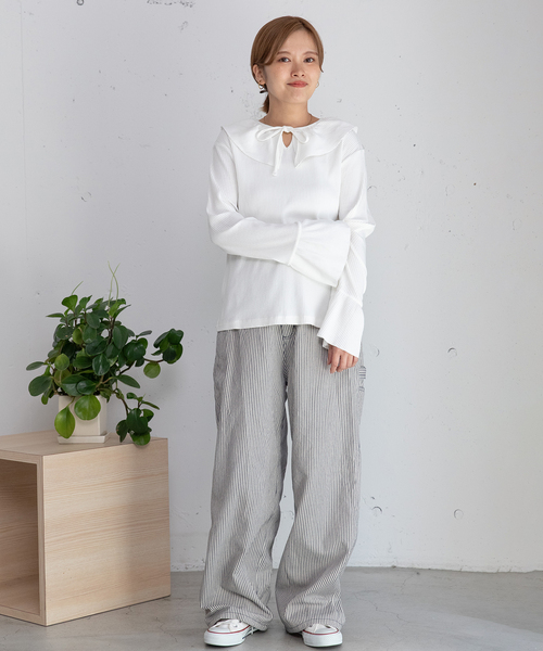 POU DOU DOU(プードゥドゥ)の「3wayラッフルカラートップス(Tシャツ/カットソー・レディース・ブラック/オフホワイト/ライトグレー・M)」の9枚目の写真