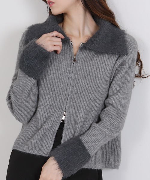 セール】ダブルジップ シャギーニット 襟付き カーディガン