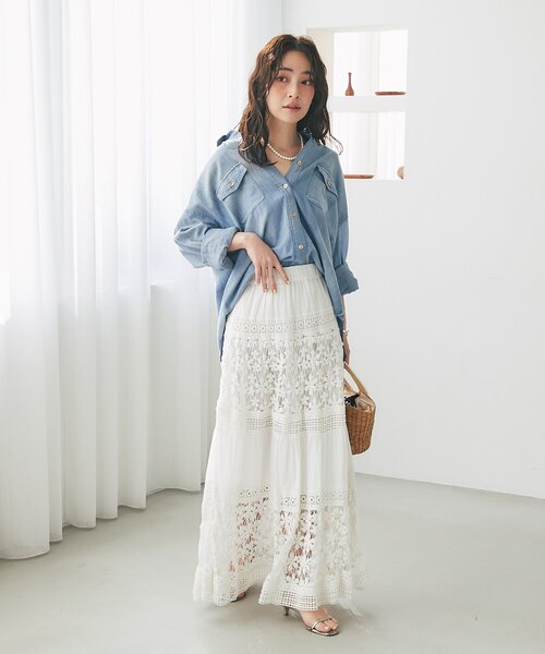 La boutique BonBon（ラブティックボンボン）の「コットンレースティアードマキシスカート（スカート・レディース・サックスブルー/ホワイト・FREE）」の21枚目の写真