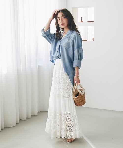 La boutique BonBon（ラブティックボンボン）の「コットンレースティアードマキシスカート（スカート・レディース・サックスブルー/ホワイト・FREE）」の22枚目の写真