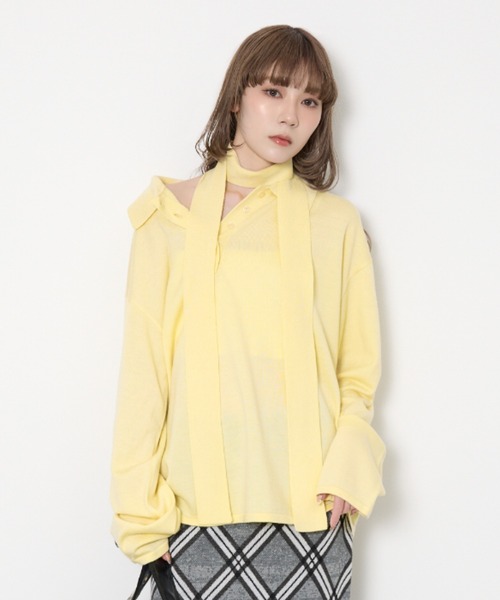 SLY（スライ）の「HG KNIT ASYMMETRY TOPS ハイゲージニット アシンメトリー トップス 春服（ニット/セーター・レディース・杢グレー/ライトイエロー/ブルー系その他・FREE）」の4枚目の写真
