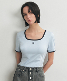 スクエアネックライン配色半袖Tシャツ_BLUE