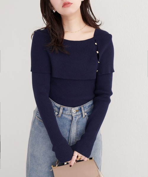 natural couture(ナチュラルクチュール)の「オフショルデザインニット(ニット/セーター・レディース・ラベンダー/ネイビー/ピンク/アイボリー/サックスブルー/ブラック・FREE)」の1枚目の写真