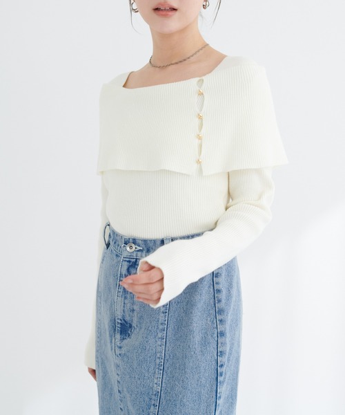 natural couture(ナチュラルクチュール)の「オフショルデザインニット(ニット/セーター・レディース・ラベンダー/ネイビー/ピンク/アイボリー/サックスブルー/ブラック・FREE)」の7枚目の写真