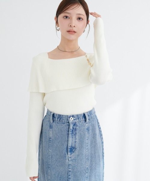 natural couture(ナチュラルクチュール)の「オフショルデザインニット(ニット/セーター・レディース・ラベンダー/ネイビー/ピンク/アイボリー/サックスブルー/ブラック・FREE)」の8枚目の写真