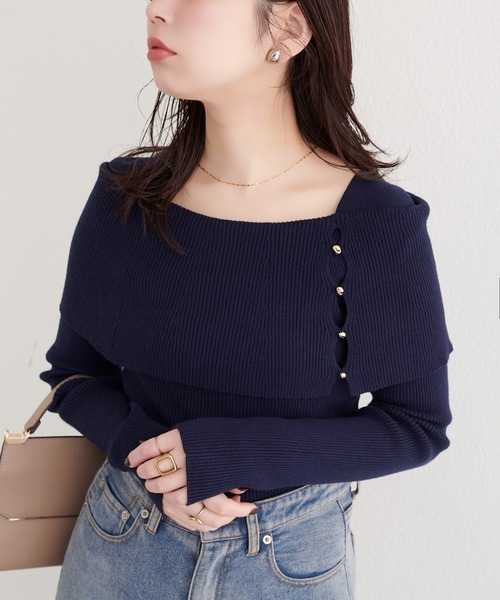 natural couture(ナチュラルクチュール)の「オフショルデザインニット(ニット/セーター・レディース・ラベンダー/ネイビー/ピンク/アイボリー/サックスブルー/ブラック・FREE)」の14枚目の写真