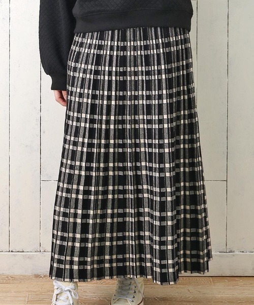 Bleu Bleuet(ブルーブルーエ)の「チェックプリーツニットスカート(スカート・レディース・ブラウン/グレー/ブラック・M)」の1枚目の写真