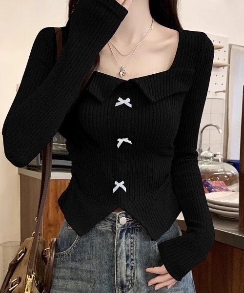 kirakiraShop(キラキラショップ)の「リボン襟 リブカットソー トップス(Tシャツ/カットソー・レディース・ブラック/グレー/ベージュ・FREE)」の2枚目の写真