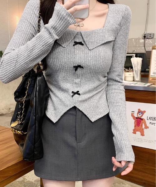 kirakiraShop(キラキラショップ)の「リボン襟 リブカットソー トップス(Tシャツ/カットソー・レディース・ブラック/グレー/ベージュ・FREE)」の11枚目の写真