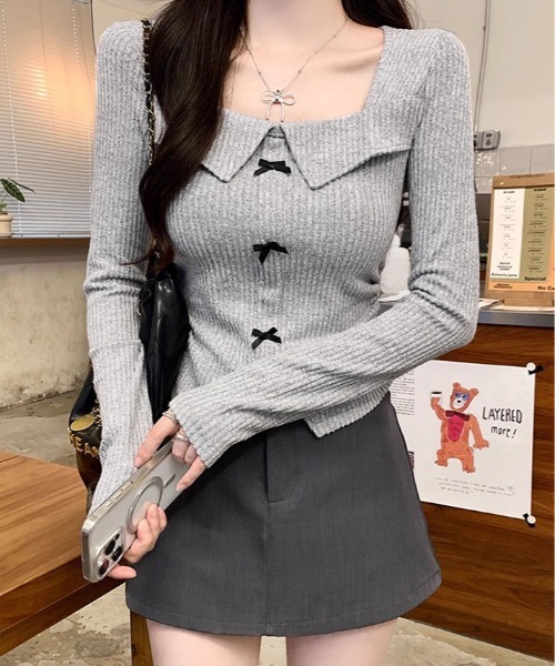 kirakiraShop(キラキラショップ)の「リボン襟 リブカットソー トップス(Tシャツ/カットソー・レディース・ブラック/グレー/ベージュ・FREE)」の6枚目の写真