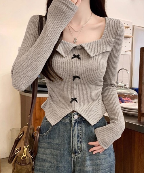 kirakiraShop(キラキラショップ)の「リボン襟 リブカットソー トップス(Tシャツ/カットソー・レディース・ブラック/グレー/ベージュ・FREE)」の14枚目の写真