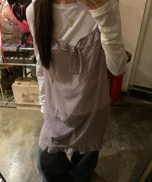 LADY LIKE(レディライク)の「ドット柄胸リボンシアーキャミワンピース(ワンピース・レディース・ピンク・M)」の1枚目の写真