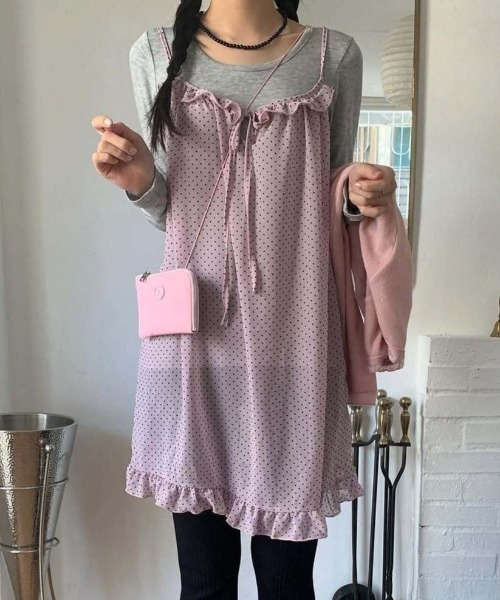 LADY LIKE(レディライク)の「ドット柄胸リボンシアーキャミワンピース(ワンピース・レディース・ピンク・M)」の9枚目の写真