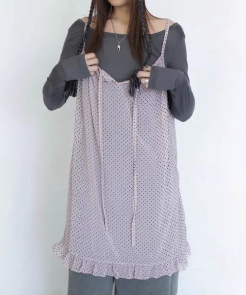 LADY LIKE(レディライク)の「ドット柄胸リボンシアーキャミワンピース(ワンピース・レディース・ピンク・M)」の11枚目の写真
