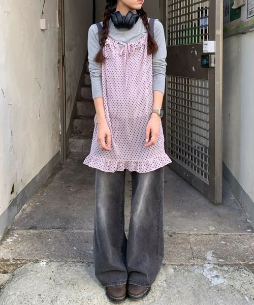 LADY LIKE(レディライク)の「ドット柄胸リボンシアーキャミワンピース(ワンピース・レディース・ピンク・M)」の4枚目の写真