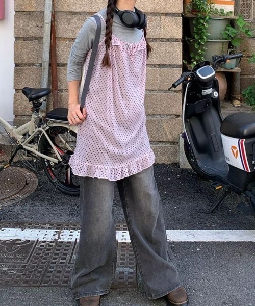 LADY LIKE(レディライク)の「ドット柄胸リボンシアーキャミワンピース(ワンピース・レディース・ピンク・M)」の5枚目の写真