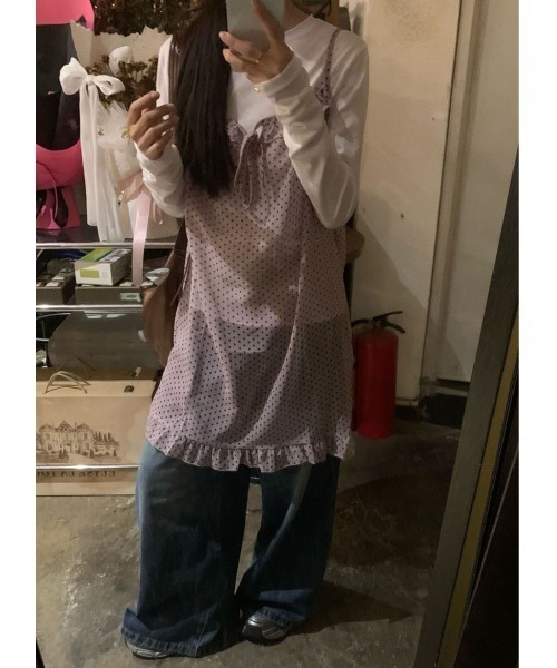LADY LIKE(レディライク)の「ドット柄胸リボンシアーキャミワンピース(ワンピース・レディース・ピンク・M)」の13枚目の写真