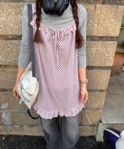 LADY LIKE(レディライク)の「ドット柄胸リボンシアーキャミワンピース(ワンピース・レディース・ピンク・M)」の18枚目の写真