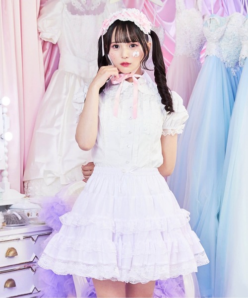 新品　Katie CHIBI-NECO パニエスカートホワイトフリーフリルレース セール】ミニ丈ボリューミーレースパニエ（スカート）｜BODYLINE
