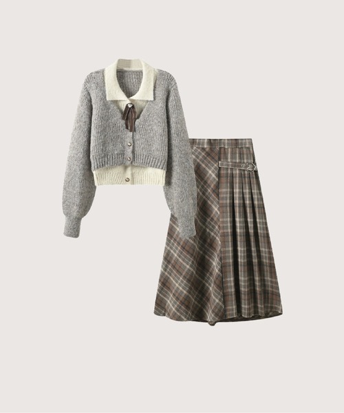 LA POMME petit(ラポミ・プチ)の「Preppy Fake Two Cardigan Set Up(セットアップ・レディース・ブラウン・SMALL/MEDIUM/LARGE)」の1枚目の写真