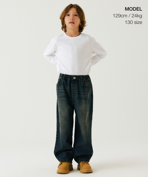 MUSINSA STANDARD KIDS（ムシンサスタンダードキッズ）の「ビッグブラシバルーンバンディングデニムパンツ[イエローダークブルー]（デニムパンツ・レディース・その他・100/140/150/160/130/110/120）」の2枚目の写真