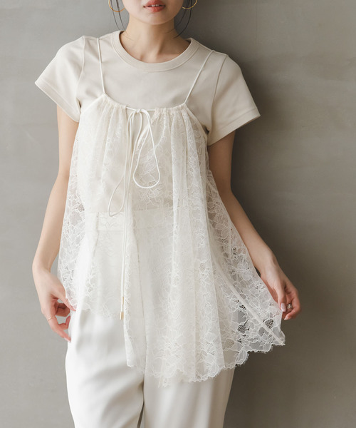 Noble（ノーブル）の「《追加2》ラッセルレースギャザーキャミ（キャミソール・レディース・ブラック/アイボリー・FREE）」の2枚目の写真