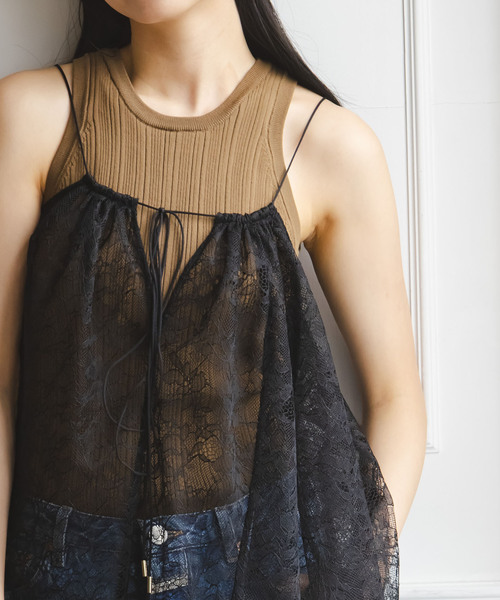 Noble（ノーブル）の「《追加2》ラッセルレースギャザーキャミ（キャミソール・レディース・ブラック/アイボリー・FREE）」の4枚目の写真