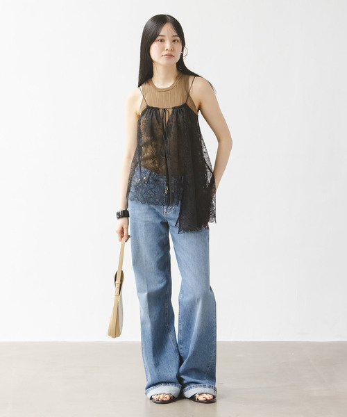 Noble（ノーブル）の「《追加2》ラッセルレースギャザーキャミ（キャミソール・レディース・ブラック/アイボリー・FREE）」の3枚目の写真