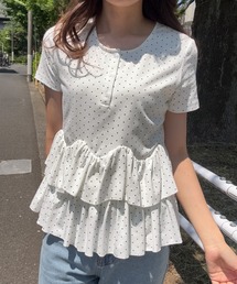 junoah（ジュノア）の「ドットヘンリーネックペプラムトップス（Tシャツ/カットソー）」