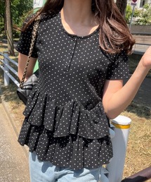 junoah（ジュノア）の「ドットヘンリーネックペプラムトップス（Tシャツ/カットソー）」