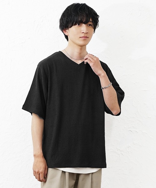 MinoriTY(マイノリティ)の「【MinoriTY】楊柳Vネックカットソー メンズ 春服 夏服 家庭洗濯可能 アイロン不要 ユニセックス(Tシャツ/カットソー・メンズ・ライトグレー/ブラック/ブルーグリーン・S/L/M)」の2枚目の写真