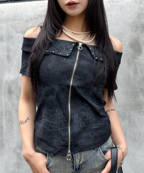 lilful(リルフル)の「【26年春夏新作】スタッズポイント オフショルダー ダブルジップトップス(Tシャツ/カットソー・レディース・グレー/ブラック/ホワイト・F)」の3枚目の写真