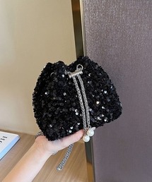 輝くスパンコールが華やかな巾着型チェーンショルダーバッグ チェーンミニバッグ