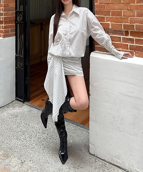 Girly Doll(ガーリードール)の「アシメデザインストライプミニワンピ(シャツワンピース・レディース・ホワイト・S/M)」の9枚目の写真
