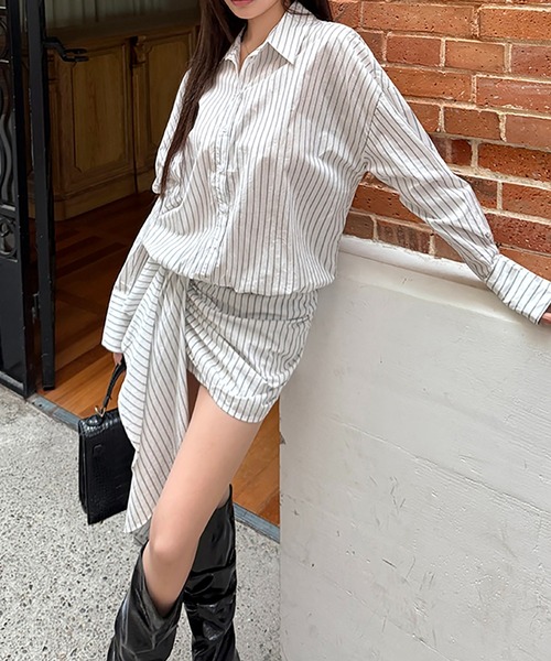 Girly Doll(ガーリードール)の「アシメデザインストライプミニワンピ(シャツワンピース・レディース・ホワイト・S/M)」の18枚目の写真