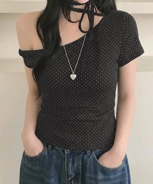 ドット柄ワンショルダーTシャツ