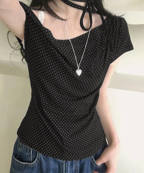 core core（コアコア）の「ドット柄ワンショルダーTシャツ（Tシャツ/カットソー・レディース・ホワイト/ブラック/ピンク・S/M/L）」の12枚目の写真