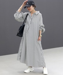 T/Cストライプスタンダードカラー長袖シャツワンピース