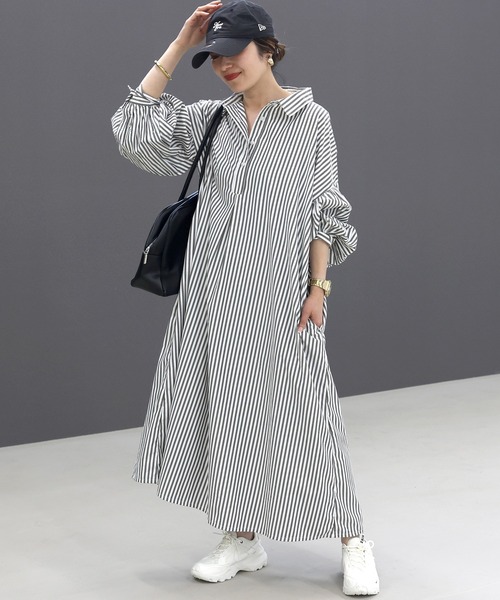 Aletta vita(アレッタビータ)の「T/Cストライプスタンダードカラー長袖シャツワンピース(シャツワンピース・レディース・チャコール/キャメル・M)」の1枚目の写真
