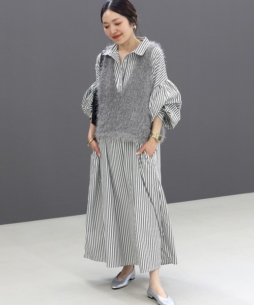 Aletta vita(アレッタビータ)の「T/Cストライプスタンダードカラー長袖シャツワンピース(シャツワンピース・レディース・チャコール/キャメル・M)」の6枚目の写真