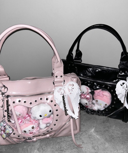 me+em select(ミームセレクト)の「ハートクリアポケットスタッズフェイクレザートートバッグ / heart clear pocket studs fake leather tote bag(ショルダーバッグ・レディース・ピンク/ブラック・FREE)」の3枚目の写真