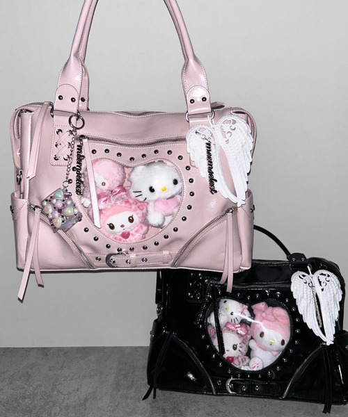 me+em select(ミームセレクト)の「ハートクリアポケットスタッズフェイクレザートートバッグ / heart clear pocket studs fake leather tote bag(ショルダーバッグ・レディース・ピンク/ブラック・FREE)」の4枚目の写真