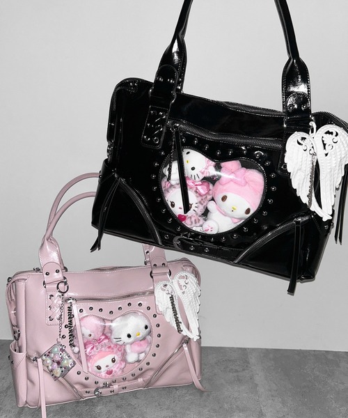me+em select(ミームセレクト)の「ハートクリアポケットスタッズフェイクレザートートバッグ / heart clear pocket studs fake leather tote bag(ショルダーバッグ・レディース・ピンク/ブラック・FREE)」の5枚目の写真