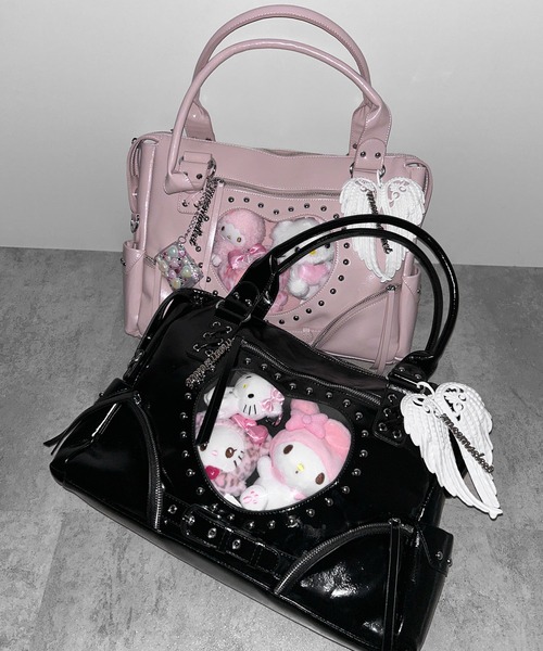 me+em select(ミームセレクト)の「ハートクリアポケットスタッズフェイクレザートートバッグ / heart clear pocket studs fake leather tote bag(ショルダーバッグ・レディース・ピンク/ブラック・FREE)」の10枚目の写真