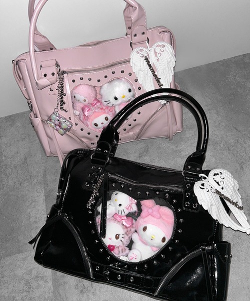 me+em select(ミームセレクト)の「ハートクリアポケットスタッズフェイクレザートートバッグ / heart clear pocket studs fake leather tote bag(ショルダーバッグ・レディース・ピンク/ブラック・FREE)」の11枚目の写真