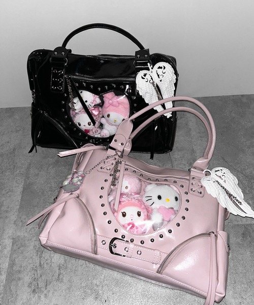 me+em select(ミームセレクト)の「ハートクリアポケットスタッズフェイクレザートートバッグ / heart clear pocket studs fake leather tote bag(ショルダーバッグ・レディース・ピンク/ブラック・FREE)」の12枚目の写真