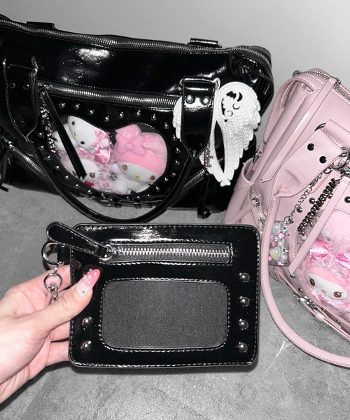 me+em select(ミームセレクト)の「ハートクリアポケットスタッズフェイクレザートートバッグ / heart clear pocket studs fake leather tote bag(ショルダーバッグ・レディース・ピンク/ブラック・FREE)」の14枚目の写真