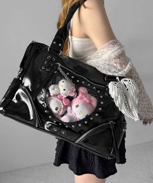 me+em select(ミームセレクト)の「ハートクリアポケットスタッズフェイクレザートートバッグ / heart clear pocket studs fake leather tote bag(ショルダーバッグ・レディース・ピンク/ブラック・FREE)」の18枚目の写真