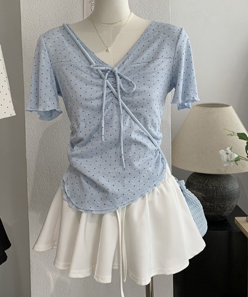 MELT(メルト)の「ドット柄シャーリングリボン半袖トップス/ハーフスリーブ(Tシャツ/カットソー・レディース・グレー/ホワイト・FREE)」の14枚目の写真